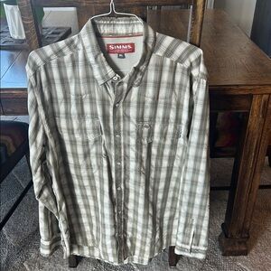Simms Men's Gray Plaid Button Down Shirt XL with pearl snap buttons.